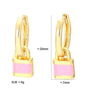 Detail view of gold lock earrings with pink enamel pendant showing size and weight specs