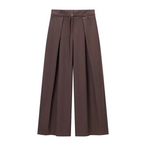 Pantalon Femme Jambe Large Taille Haute Décontracté Avec Ceinture Fine Couleur Unie Polyester Coupe Ample Mode