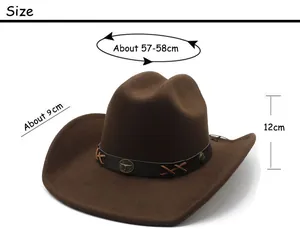 Detailed size guide for dark brown cowboy hat with brim and height dimensions