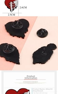 Detailed size view of heart skull rose enamel pin with back butterfly clasp