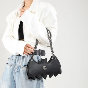 Gothic bat-shaped black jelly crossbody bag with silver skull and metal chain detail