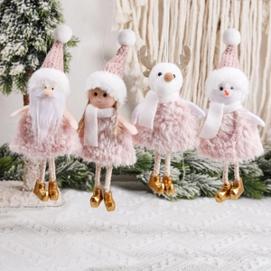Pink Christmas Plush Doll Pendants Knitted Hat Santa Snowman Reindeer Angel Hanging Ornaments Holiday Home Party Decor