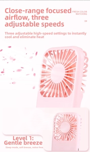 Detail of pink portable mini fan showing three-speed wind control and silent mode