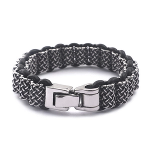 Men Braided Bracelet Stainless Steel And Genuine Leather Retro Industrial Punk Style Woven Jewelry With Polished Clasp