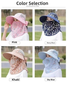 Detail view of multi-color floral sun hats with breathable face covers and neck flaps