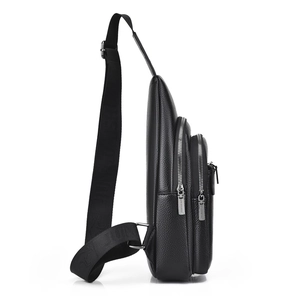 Men's black lychee pattern leather chest bag with adjustable strap and silver zippers