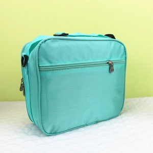 Detail of mint green insulated lunch bag with durable double zippers and side hooks