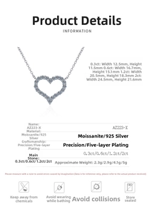 Detailed size chart for heart-shaped Moissanite and 925 silver pendants from 0.3ct to 2ct
