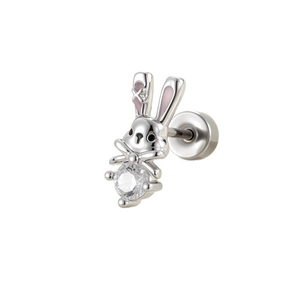 Silver rabbit stud earring with pink enamel ears and round sparkling clear gemstone