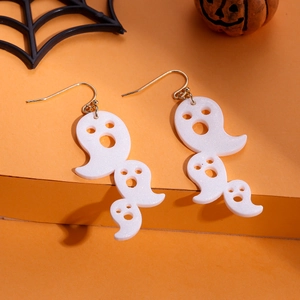 Cute white ghost acrylic earrings for Halloween on vibrant orange background