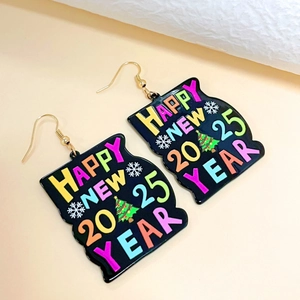 Colorful Happy New Year 2025 snowflake earrings with festive Christmas tree patterns