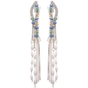 Elegant butterfly pearl tassel drop earrings with blue flowers and silver chain design