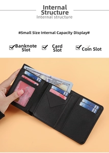 Detailed interior of black tri-fold wallet showing card slots and large cash pocket