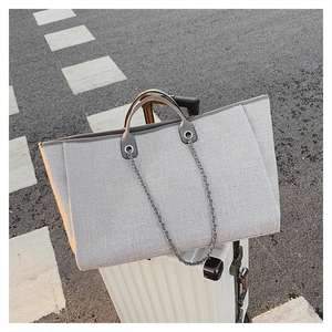 Close-up of textured grey tote bag with chain strap on a white suitcase outdoors