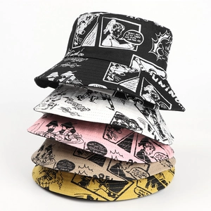 Chapeau Bob Coton Réversible Imprimé BD Protection Solaire Extérieur Streetwear Pour Hommes Femmes Style Hip Hop
