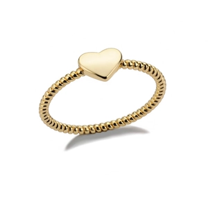 18K gold heart ring with minimalist twisted rope band design on white background