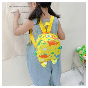 Toddler backpack with yellow cartoon dinosaur pattern and 3D decorative claws view