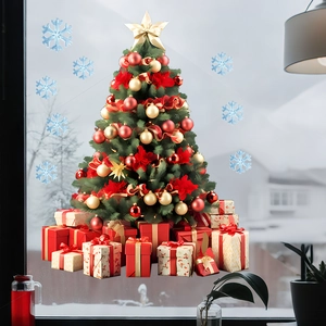Detailed Christmas tree window stickers with red gift boxes and blue snowflakes decoration
