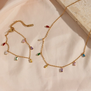 K18 gold plated necklace and bracelet set with colorful baguette-cut zircon gemstones