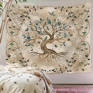 Detailed view of Tree of Life tapestry with blue flowers on a warm beige background