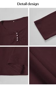Detail view of burgundy long sleeve shirt featuring lace neckline and white buttons