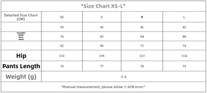 Detailed size chart for women's short jumpsuit featuring measurements from XS to L in CM