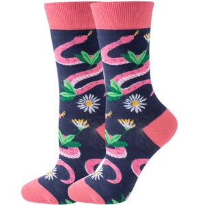 Detail of navy blue crew socks featuring pink snake and white daisy patterns