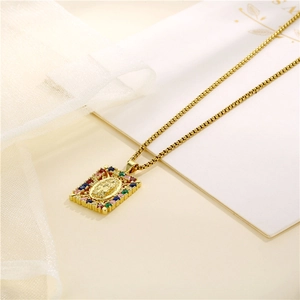 18K gold plated stainless steel Virgin Mary pendant necklace with colorful zircon stones
