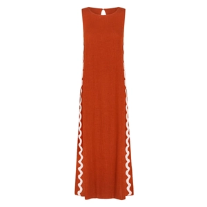 Sleeveless round neck burnt orange midi dress with white wavy patchwork lace details