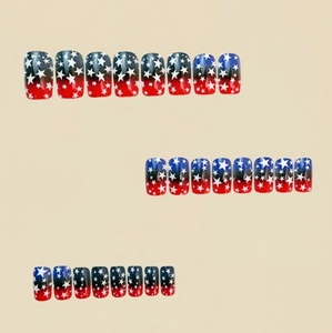 Press-on nails with blue and red gradient star design in a long square shape