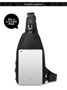 Detailed comparison showing the black chest bag capacity fitting a 6.9-inch tablet