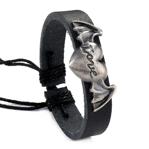Retro woven leather bracelet with vintage silver heart cross and adjustable cord