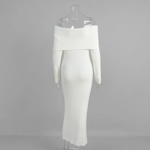 Detail of white rib-knit off-shoulder dress with elastic slim fit and elegant texture