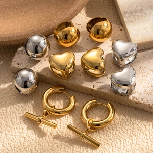Polished Stainless Steel Hoop Earrings Minimalist Geometric Heart Ball T-Bar Fashion Jewelry For Women Trendy Accessories