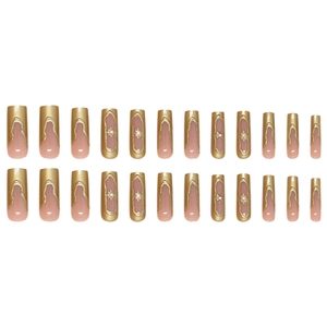 French style press-on nails set in champagne gold and nude pink with star rhinestones