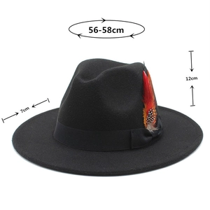 Felt fedora hat with feathers showing dimensions of 56-58cm brim and 12cm crown height