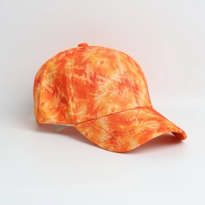 Detailed side view of tie-dye baseball cap featuring vibrant orange and red marble patterns