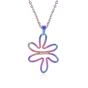 Macro shot of 18k plated stainless steel flower pendant with rainbow iridescent finish
