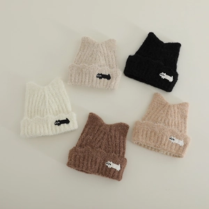 Kids Cat Ear Knit Beanie Hat Faux Mink Fur Winter Warm Plush Pullover Cap For Girls Embroidery Patch Decor