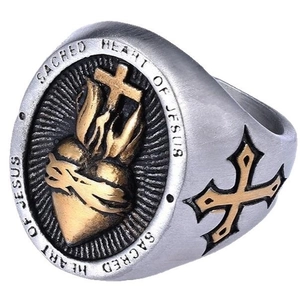 Vintage stainless steel Sacred Heart of Jesus ring with cross relief in gold and silver