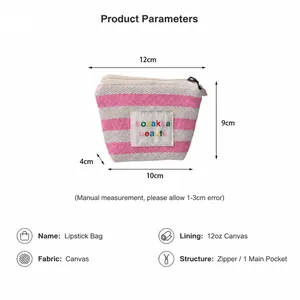 Detailed size guide of a pink striped canvas cosmetic pouch with 12x9cm dimensions