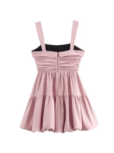 Detail view of the pink satin mini dress back with draped ruched design and layered hem