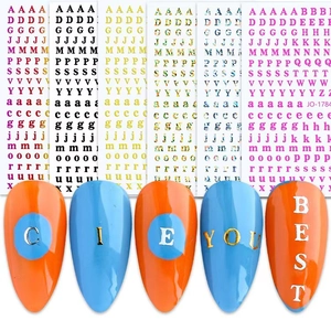 Classic alphabet nail art stickers set in gold and silver colors with 12 pieces