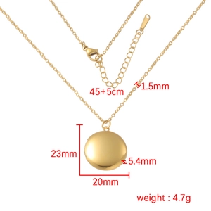 Golden circular stainless steel locket necklace with precise dimensions and 45cm chain