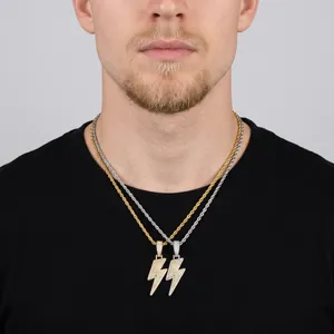 Hip hop lightning pendant necklace with iced-out zircon stones in gold and silver finish