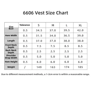 Detailed size chart for seamless sports vest with precise measurements for S-XL sizes
