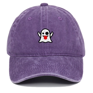 Detail of cute white ghost embroidery on a washed purple vintage baseball cap