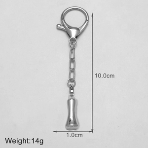 Polished silver metal keychain with lobster clasp and bell pendant, 10cm total length