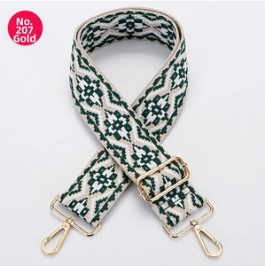 Detail of adjustable green and white ethnic woven bag strap with gold metal hardware