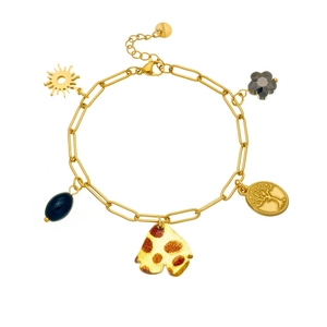 Vintage gold-plated stainless steel bracelet with tree of life and flower pendants